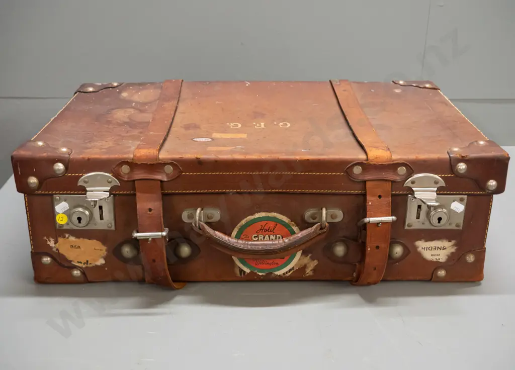 vintage leather suitcase  with straps, satin moire lining, inner pocket, and label - Nash's Leather Arcade Wellington NZ Image 1++