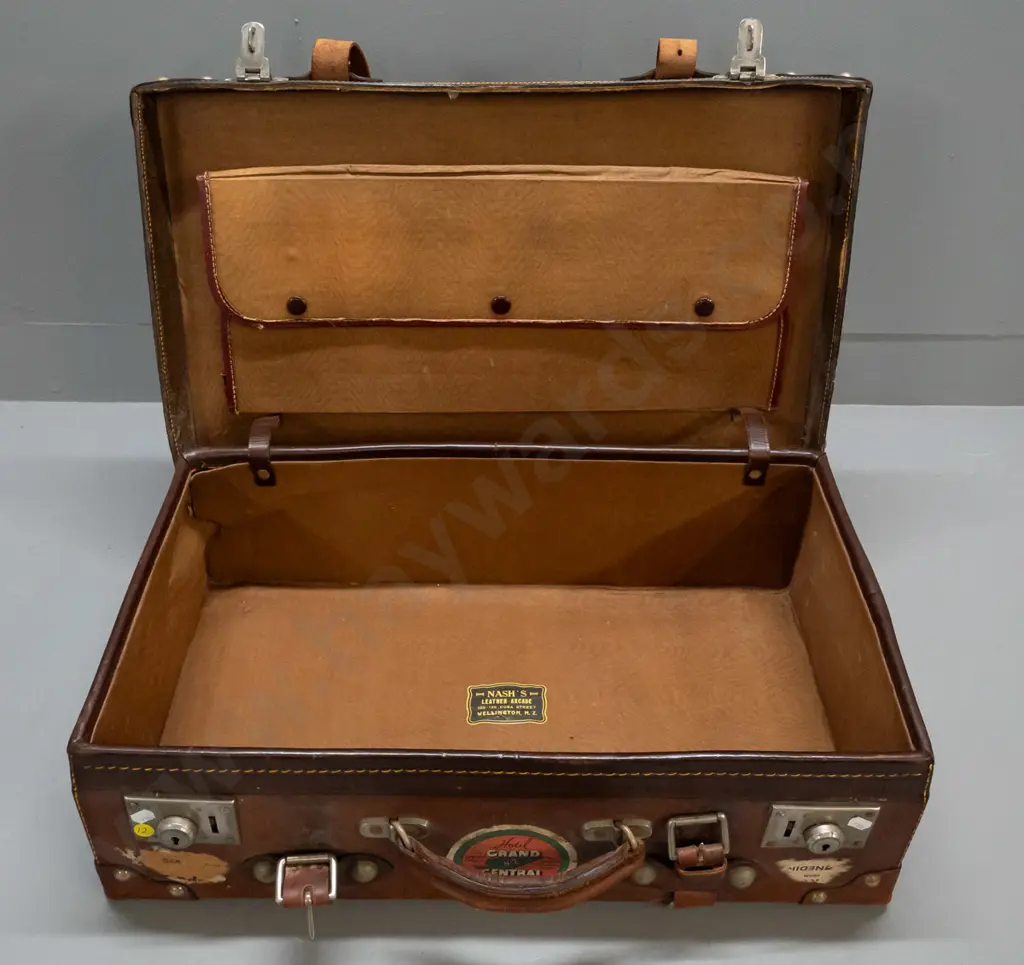 vintage leather suitcase  with straps, satin moire lining, inner pocket, and label - Nash's Leather Arcade Wellington NZ Image 1++