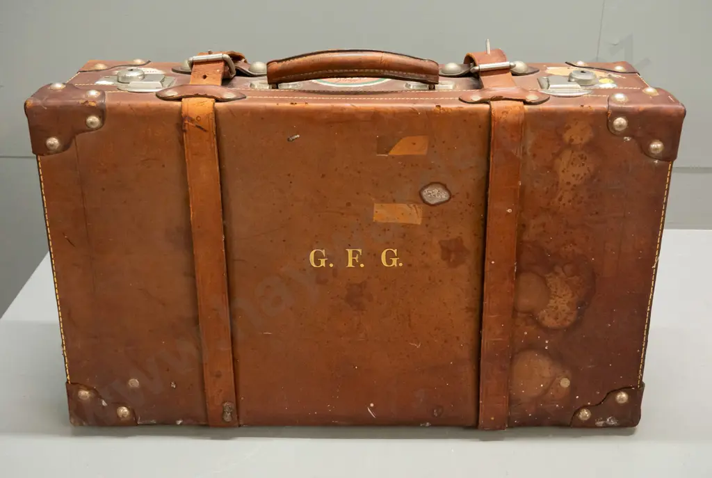 vintage leather suitcase  with straps, satin moire lining, inner pocket, and label - Nash's Leather Arcade Wellington NZ Image 1++