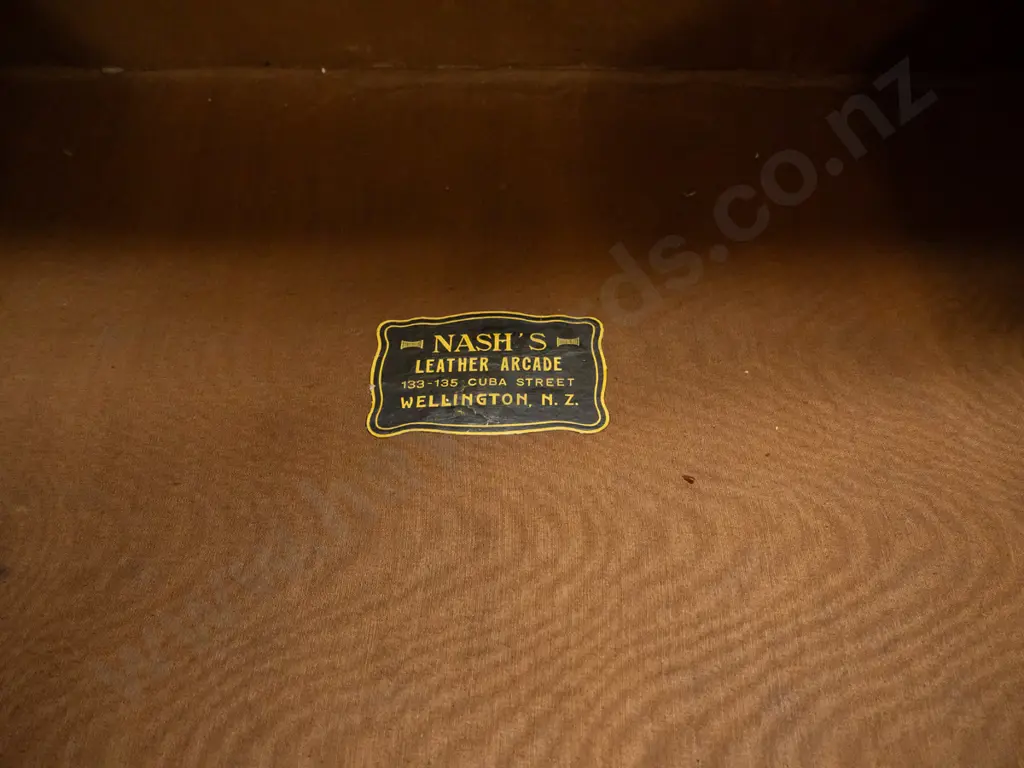 vintage leather suitcase  with straps, satin moire lining, inner pocket, and label - Nash's Leather Arcade Wellington NZ Image 1++