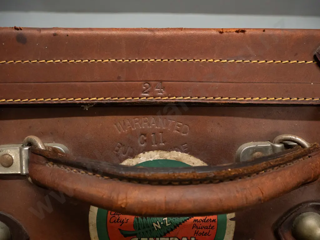 vintage leather suitcase  with straps, satin moire lining, inner pocket, and label - Nash's Leather Arcade Wellington NZ Image 1++