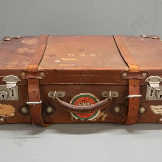 vintage leather suitcase  with straps, satin moire lining, inner pocket, and label - Nash's Leather Arcade Wellington NZ