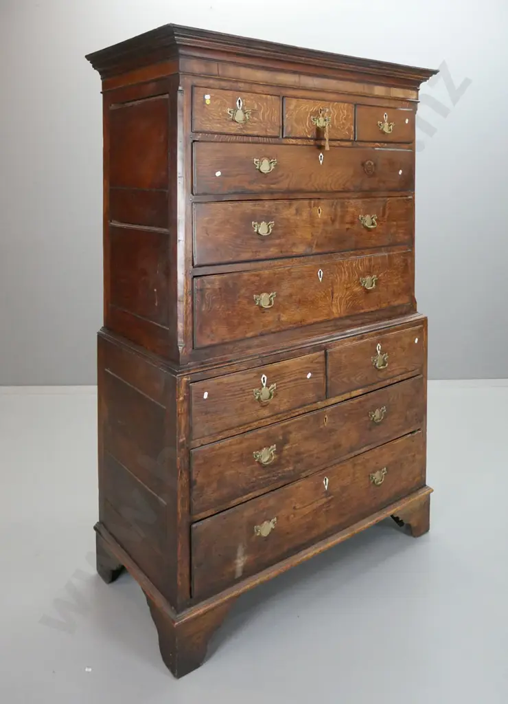 Georgian country oak tall 10-drawer chest on chest with brass plate handles, some bone and some boxwood diamond shaped Image 1++