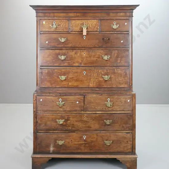 Georgian country oak tall 10-drawer chest on chest with brass plate handles, some bone and some boxwood diamond shaped