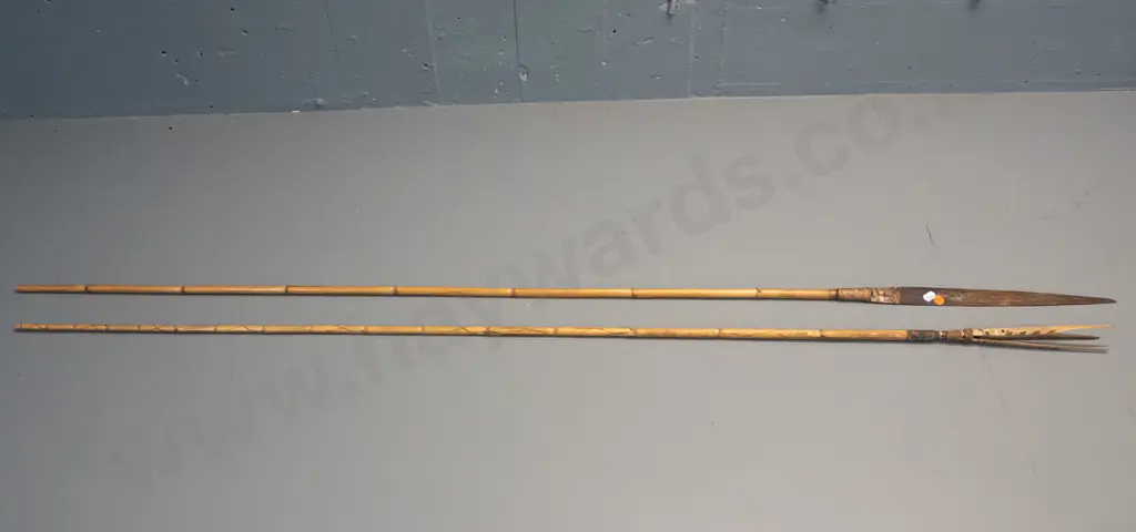 2 bamboo spears (from Papua New Guinea?) - one with metal blade, one with 3-pronged barbed end, longer is L-1540 Image 1++