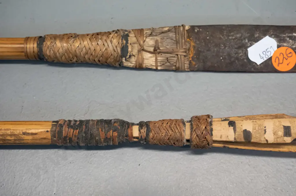 2 bamboo spears (from Papua New Guinea?) - one with metal blade, one with 3-pronged barbed end, longer is L-1540 Image 1++