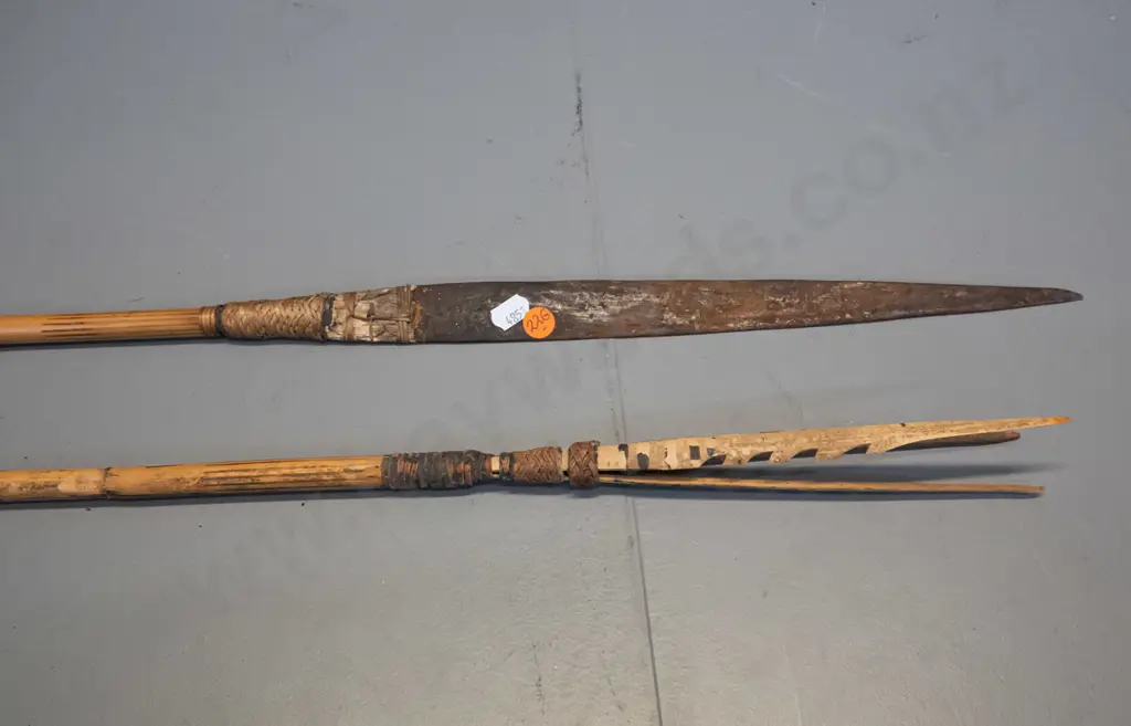 2 bamboo spears (from Papua New Guinea?) - one with metal blade, one with 3-pronged barbed end, longer is L-1540 Image 1++