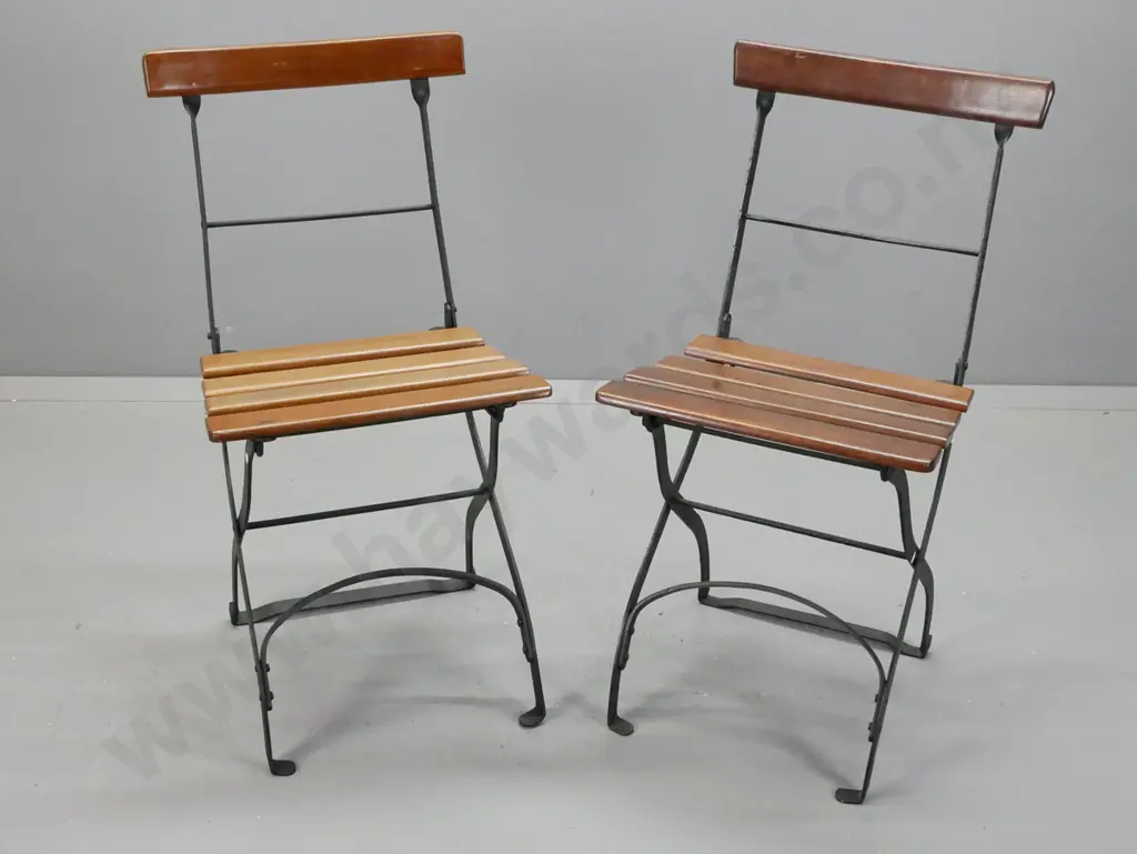 2 restored vintage folding cafe chairs made by J.W. Faulker for 1925 South Seas Exhibition - jarrah timber slat and cast Image 1++