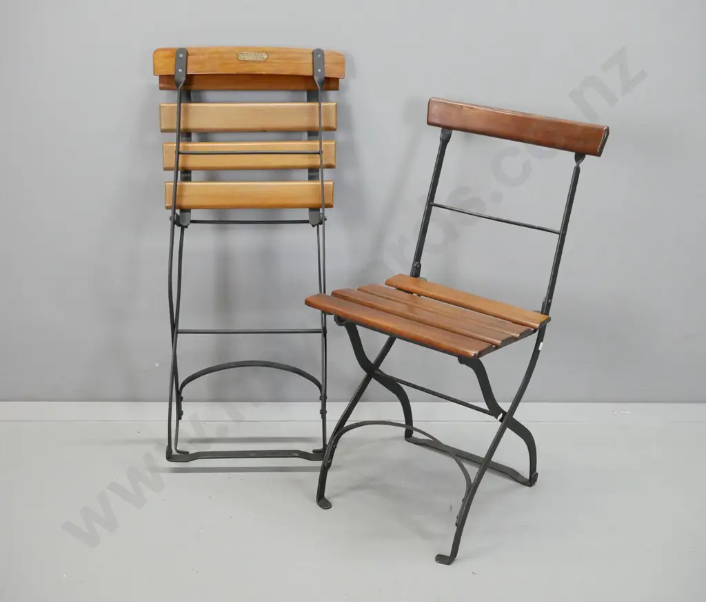 2 restored vintage folding cafe chairs made by J.W. Faulker for 1925 South Seas Exhibition - jarrah timber slat and cast Image 1++