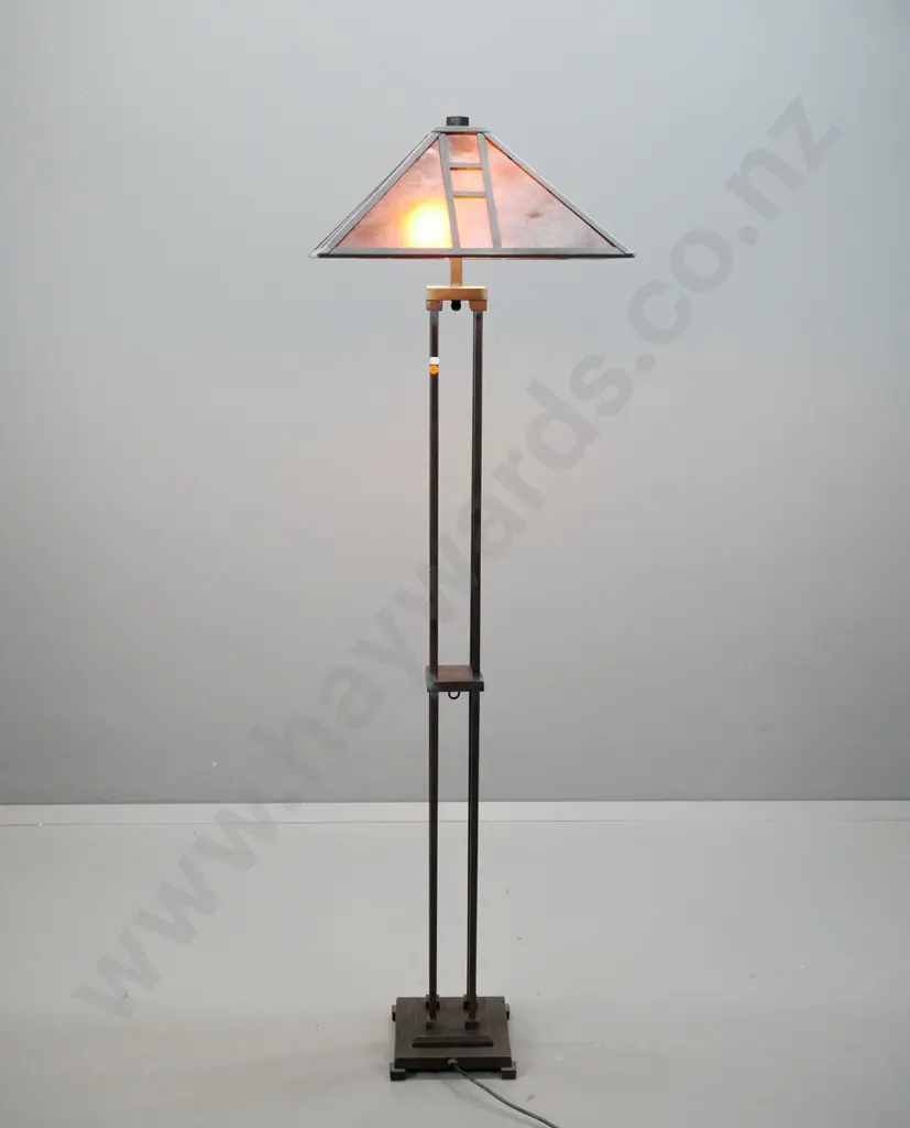 reproduction Frank Lloyd Wright style standard lamp with copper finish metal base, faux parchment plastic panelled shade Image 1++