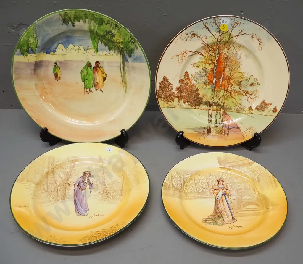 4 Royal Doulton display plates - Tunis, Autumn Glory and 2 Shakespeare characters - Ophelia and Katherine. Some fretting Image 1++