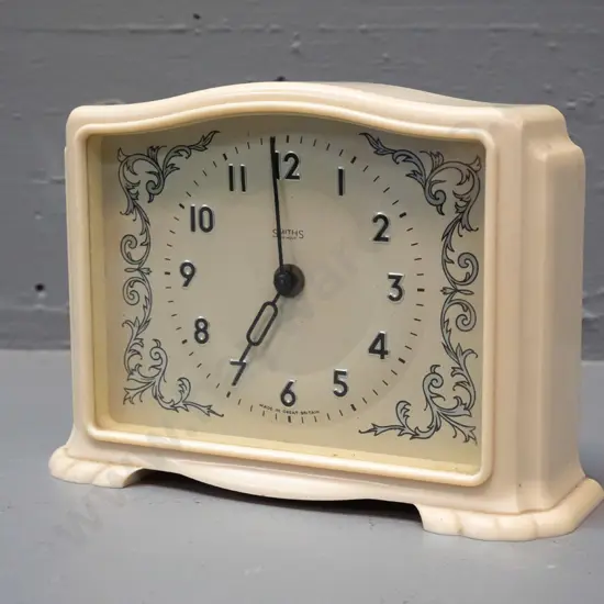 vintage Smiths 30 hour ivorine or ivory plastic mantel clock - corrosion to back, winder siezed H145 W200