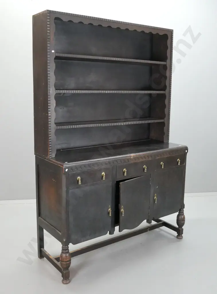 art deco oak dresser w/ 3 cupboard doors, 3 drawers w/ brass drop handles, Greek key pattern frieze, Image 1++