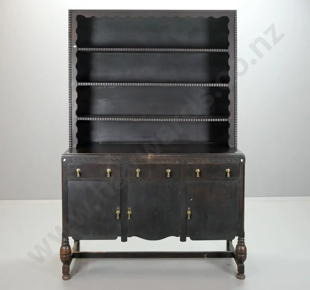 art deco oak dresser w/ 3 cupboard doors, 3 drawers w/ brass drop handles, Greek key pattern frieze, Image 1++
