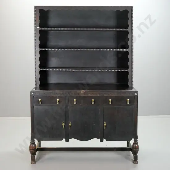 art deco oak dresser w/ 3 cupboard doors, 3 drawers w/ brass drop handles, Greek key pattern frieze,