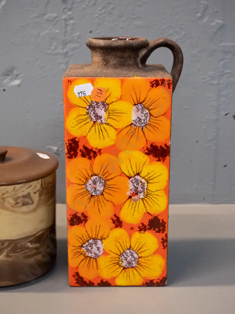 2 pieces of studio pottery - Te Rona lidded pot and a retro slab sided rough textured jug vase with one glazed floral Image 1++