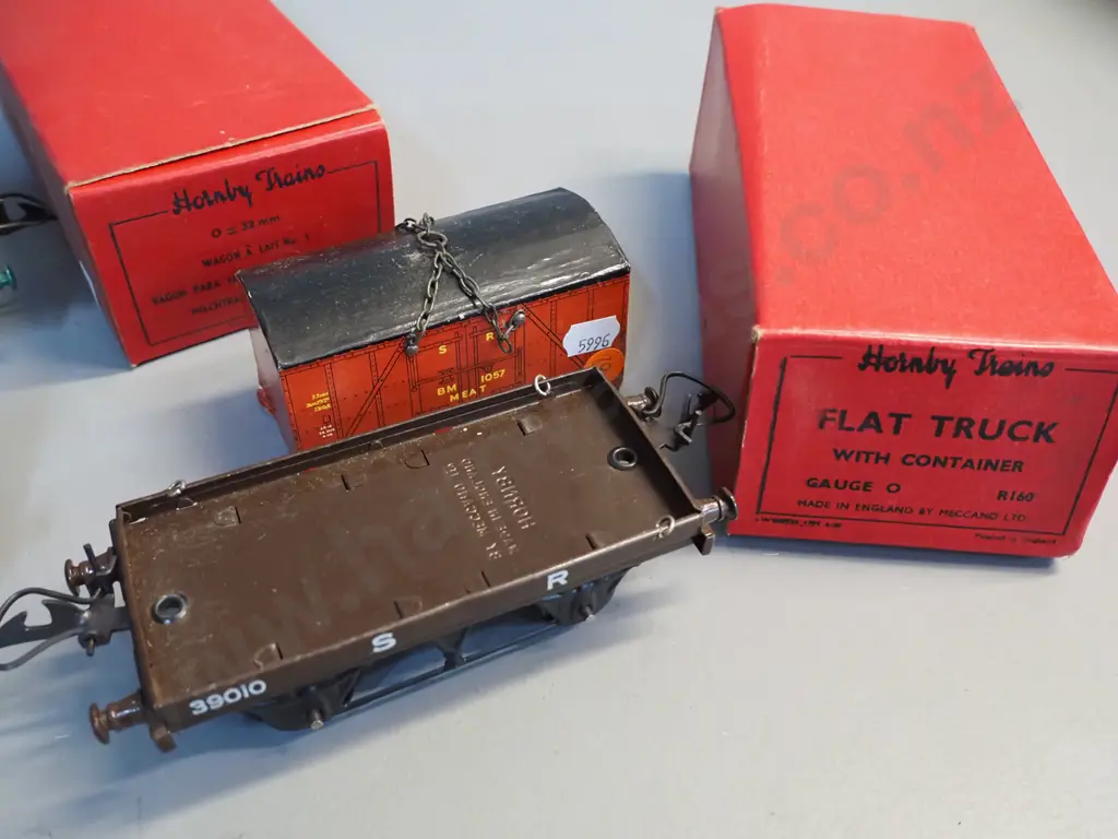 Hornby Gauge O model railway rolling stock - flatbed with container, gas cylinder wagon and milk van, all with original Image 1++
