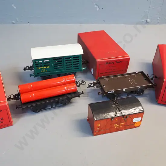 Hornby Gauge O model railway rolling stock - flatbed with container, gas cylinder wagon and milk van, all with original