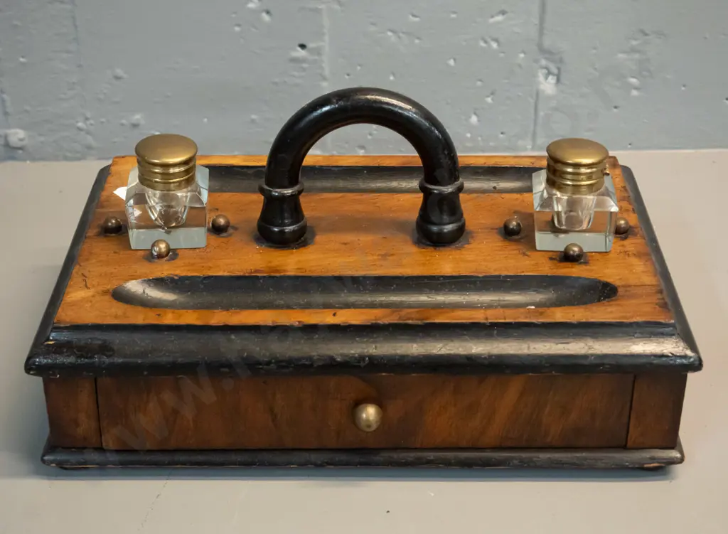 antique walnut writing box with drawer, top carry handle, 2 loose sitting glass inkwells w/brass caps H-160 W-300 D-200 Image 1++