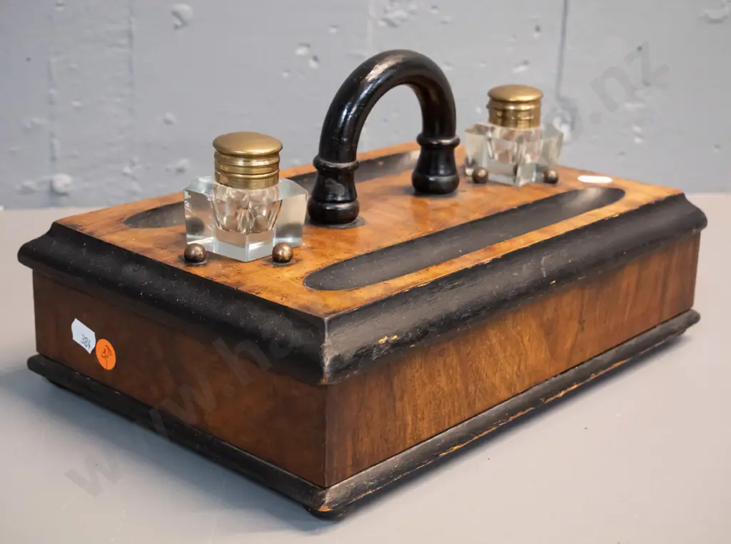 antique walnut writing box with drawer, top carry handle, 2 loose sitting glass inkwells w/brass caps H-160 W-300 D-200 Image 1++