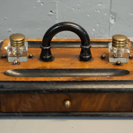 antique walnut writing box with drawer, top carry handle, 2 loose sitting glass inkwells w/brass caps H-160 W-300 D-200