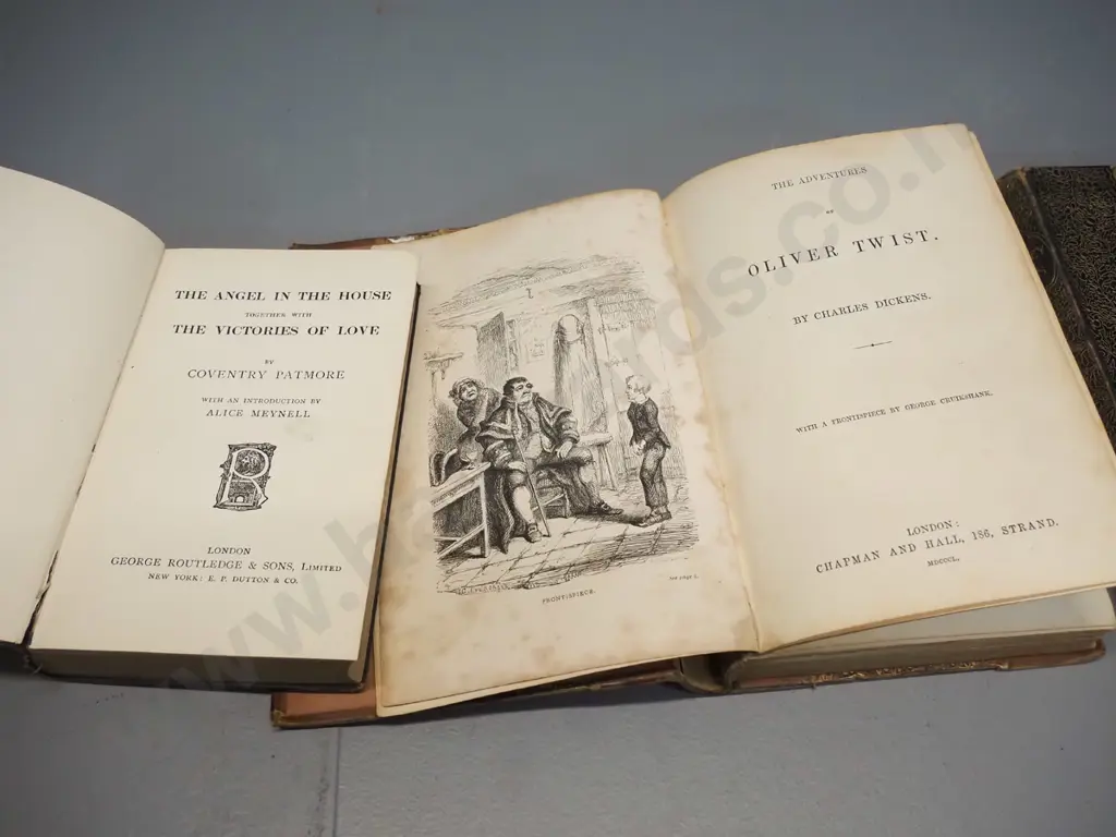 4 antique books - 1850 Oliver Twist by Charles Dickens (foxing, board separating) 1890 The Abbot by Sir Walter Scott, Image 1++