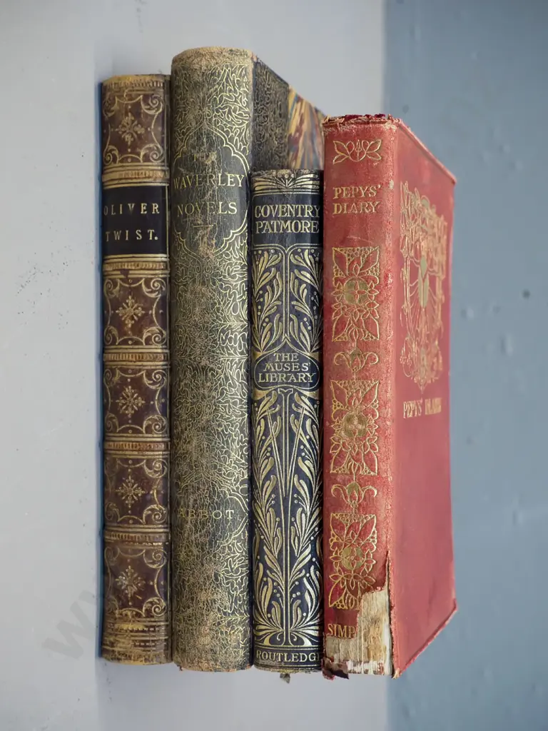 4 antique books - 1850 Oliver Twist by Charles Dickens (foxing, board separating) 1890 The Abbot by Sir Walter Scott, Image 1++