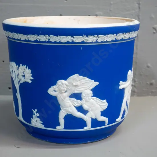 vintage cobalt blue jasperware jardiniere marked Lovatt H-160 D-190