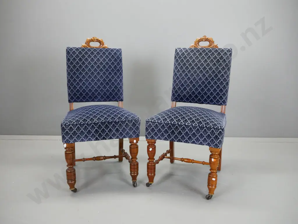 pair of walnut side chairs with foliate carved pierced cutout at top, turned front legs & stretcher base, brass crowns, Image 1++