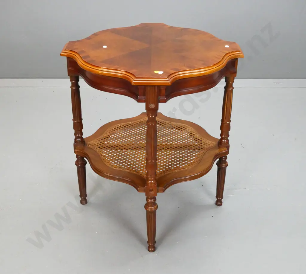 reproduction walnut occasional table with veneered book-matched top, turned legs, lower shelf w/woven cane insert, Image 1++