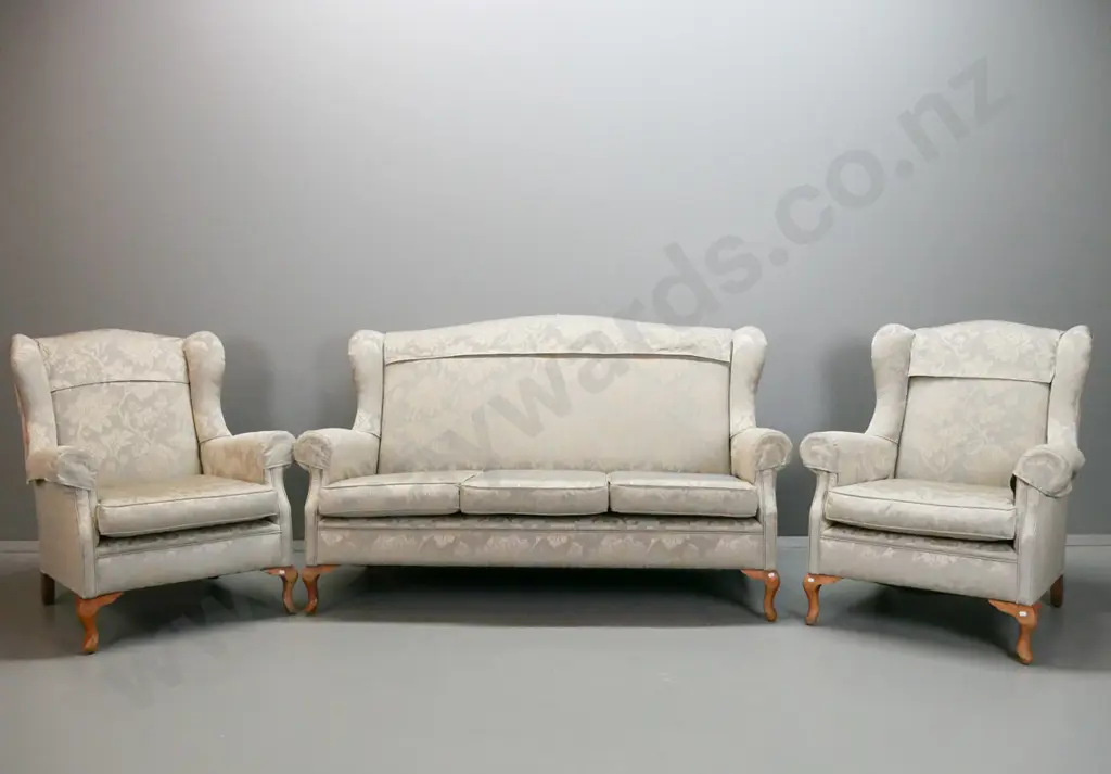 vintage rolled arm lounge suite - 3-seat settee and 2 armchairs, with squat timber cab legs, loose seat Image 1++