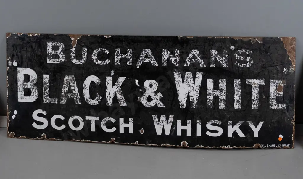 vintage enamel metal advertising sign - Buchanan's Black & White Scotch Whisky - remnant Imperial Enamel Co Birmingham Image 1++