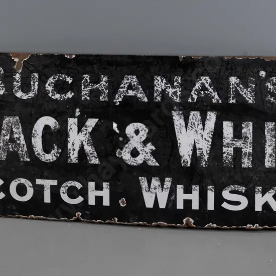 vintage enamel metal advertising sign - Buchanan's Black & White Scotch Whisky - remnant Imperial Enamel Co Birmingham