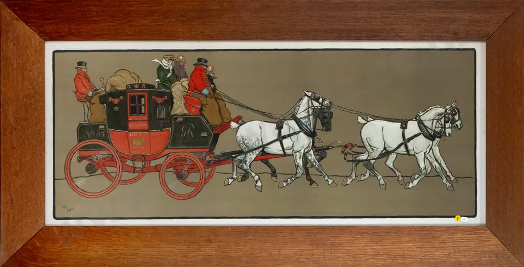 oak framed vintage print - Glasgow and London Royal Mail horses and carriage H-390 W-1010 Image 1++