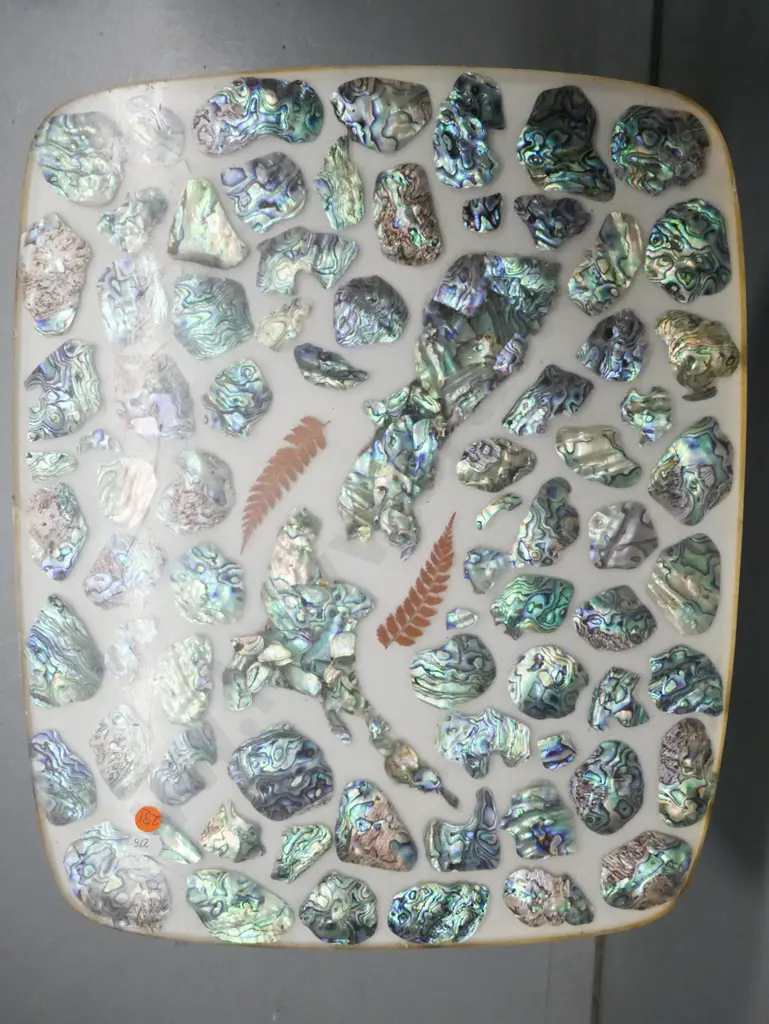 mid-century occasional table with paua shell NZ map decoration and fern fronds, set in resin or plastic, round legs w/ Image 1++