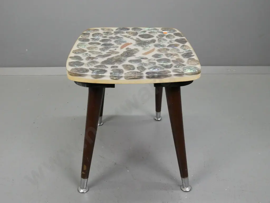 mid-century occasional table with paua shell NZ map decoration and fern fronds, set in resin or plastic, round legs w/ Image 1++