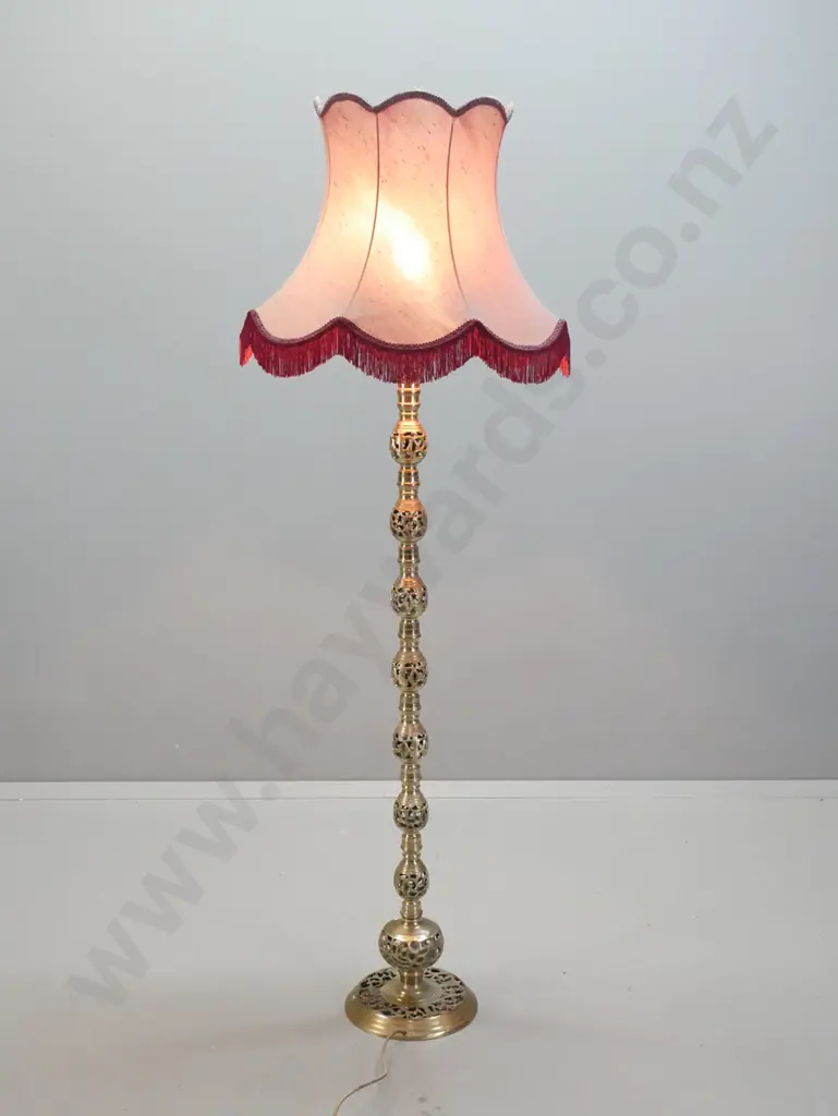 ornate pierced cast brass finish standard lamp with tasselled fabric shade - some pitting to metal surface H-1750 Image 1++