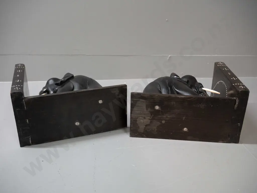 pair of ebony elephant book ends with shallow inlay dot pattern decoration, marked Sri Lanka - some chips and repaired Image 1++