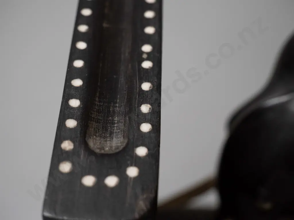 pair of ebony elephant book ends with shallow inlay dot pattern decoration, marked Sri Lanka - some chips and repaired Image 1++