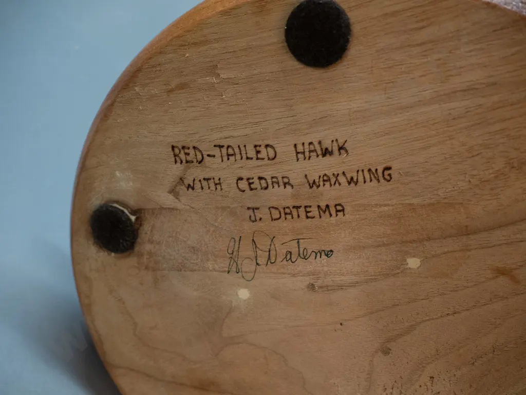 hand carved painted figure of red-tailed hawk with cedar waxwing with oak and composite base - carved by Image 1++