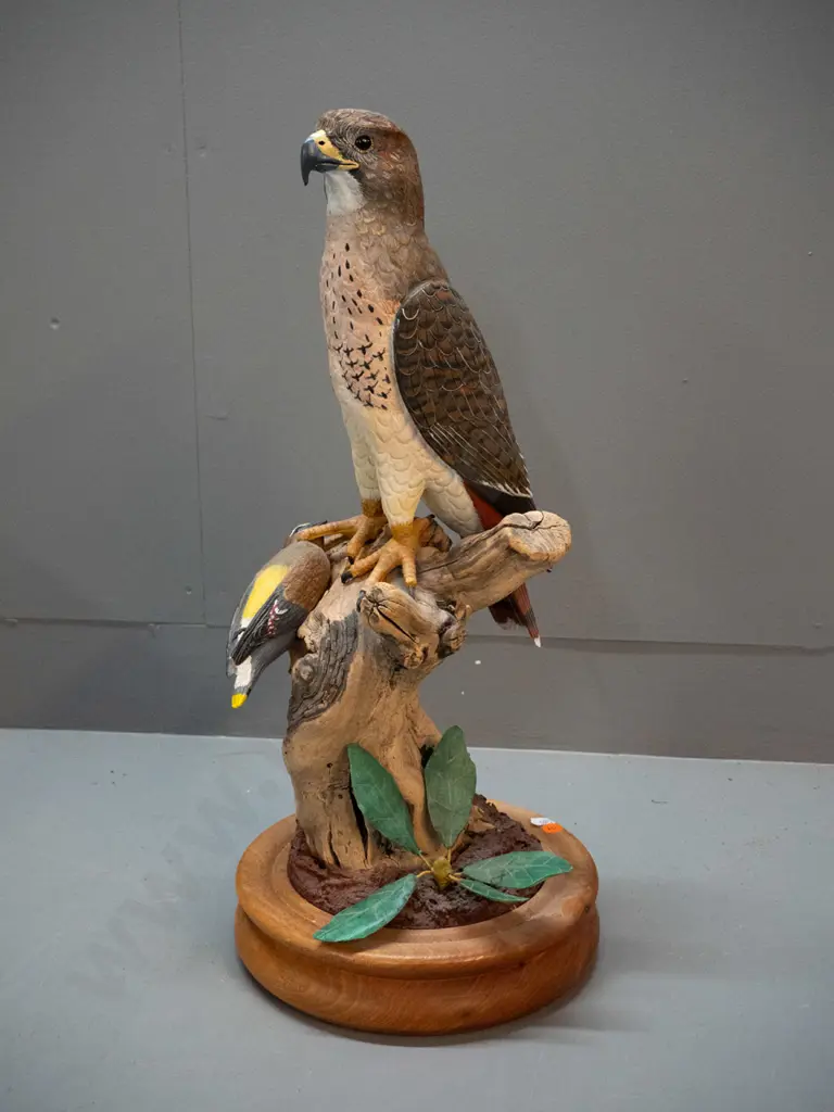 hand carved painted figure of red-tailed hawk with cedar waxwing with oak and composite base - carved by Image 1++