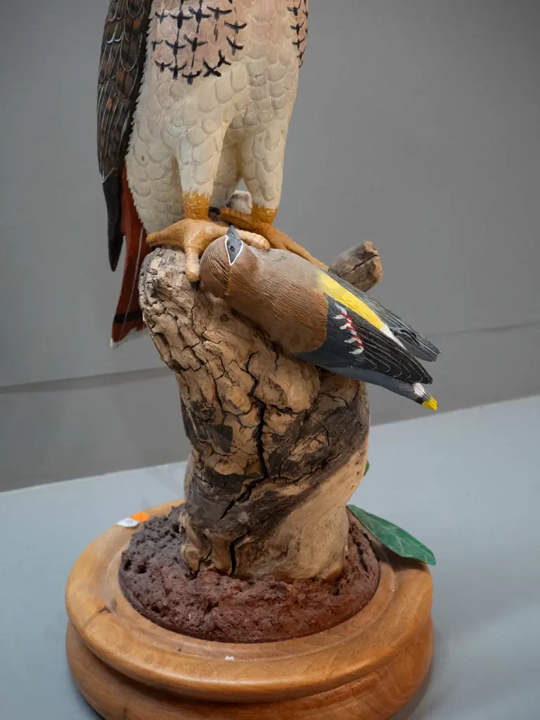 hand carved painted figure of red-tailed hawk with cedar waxwing with oak and composite base - carved by Image 1++