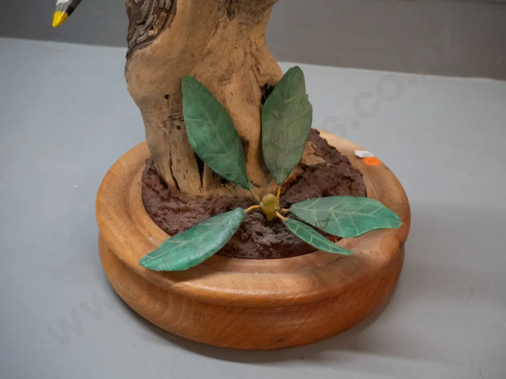 hand carved painted figure of red-tailed hawk with cedar waxwing with oak and composite base - carved by Image 1++