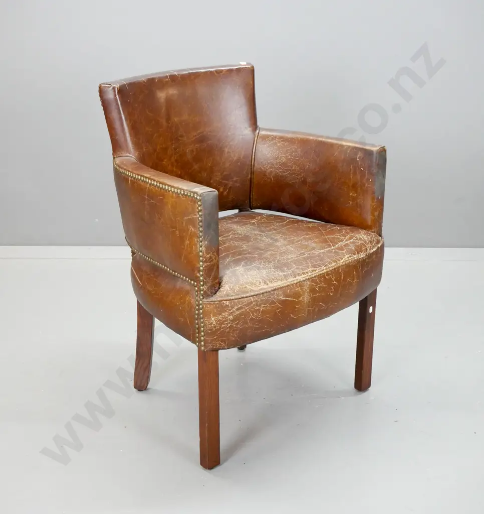oak framed club or reception chair with brass studded brown leather upholstery - wear and crazing to leather, staining Image 1++
