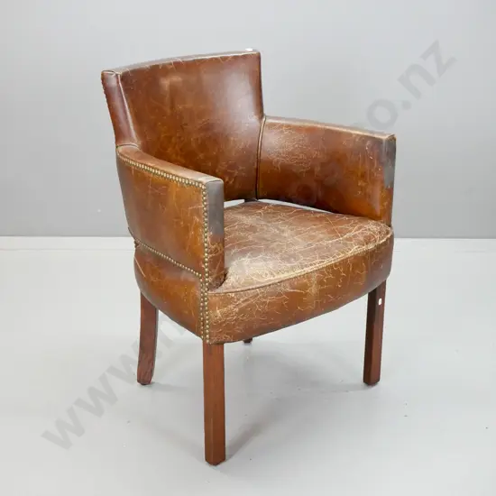 oak framed club or reception chair with brass studded brown leather upholstery - wear and crazing to leather, staining