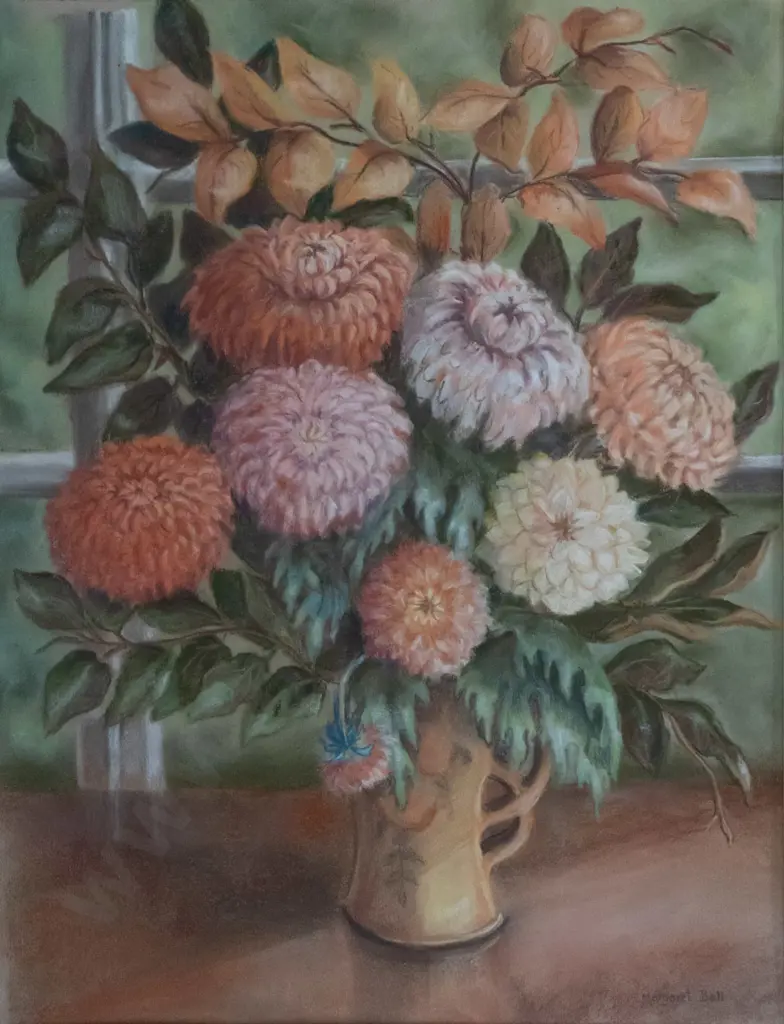 Margaret Bell - framed pastel - "Autumn Splendour" - flowers in vase H-620 W-480 Image 1++