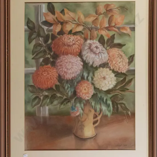 Margaret Bell - framed pastel - "Autumn Splendour" - flowers in vase H-620 W-480