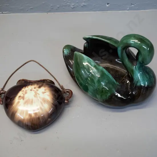 Blue Mountain Pottery swan vase H-150 L-190 and a German pottery wall pocket vase with hanging string