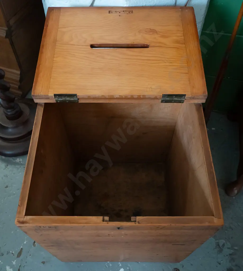 vintage kauri ballot box with hinged lid, brass side handles, marked No 185 on front, replaced pine top, has had lock Image 1++