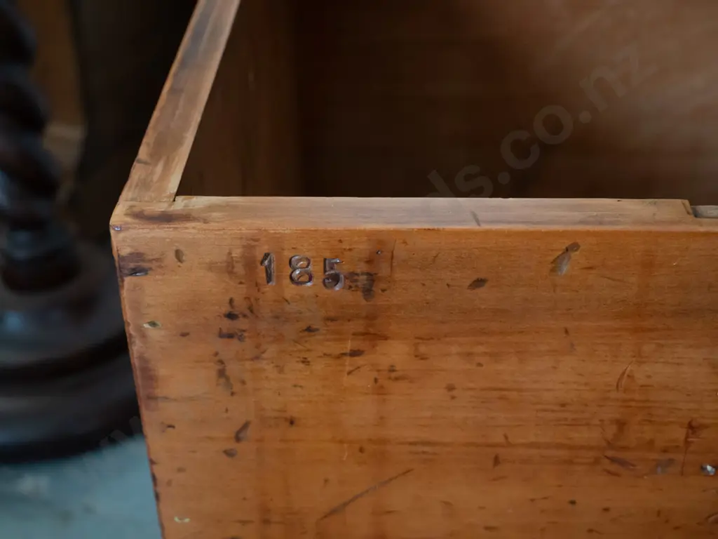 vintage kauri ballot box with hinged lid, brass side handles, marked No 185 on front, replaced pine top, has had lock Image 1++